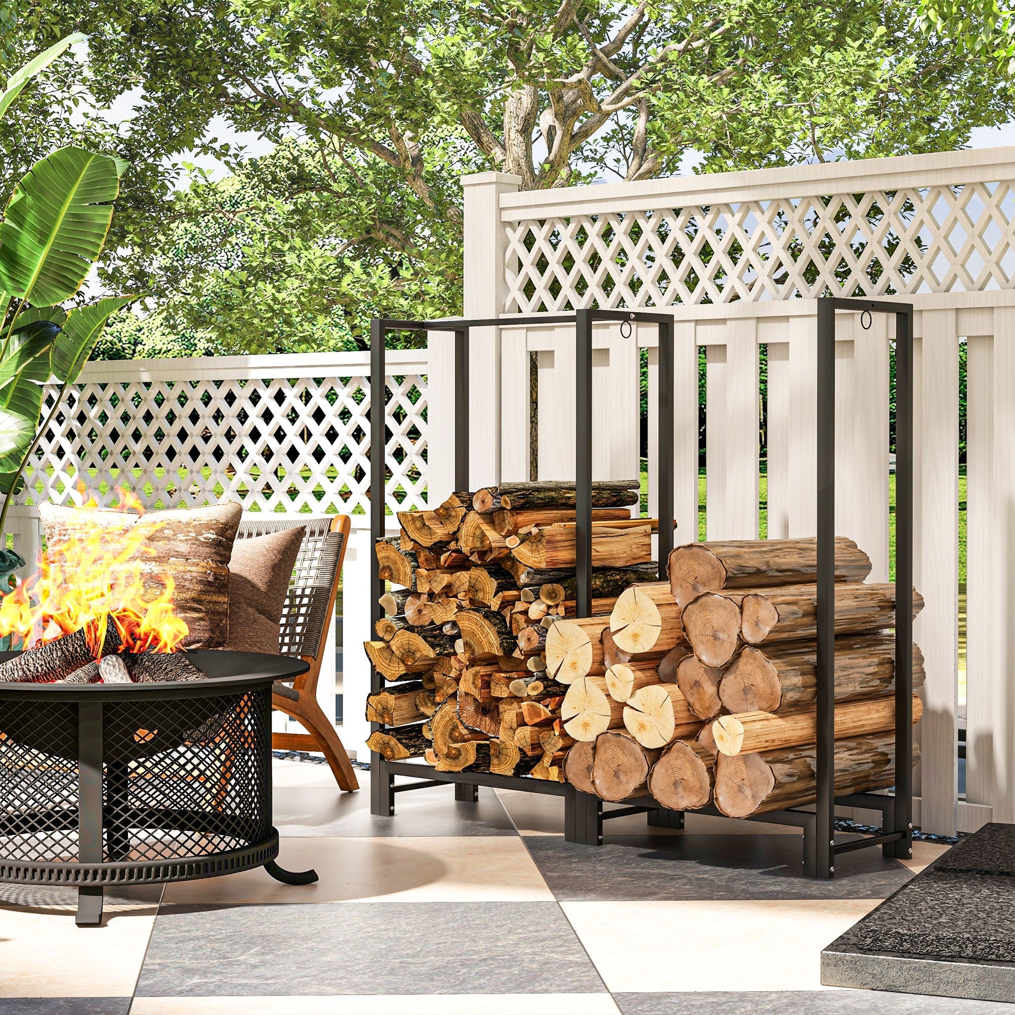 Outsunny 4ft Firewood Rack with Dual Space and Lock Rings, Steel Log Holder for Outdoor Indoor, Black 