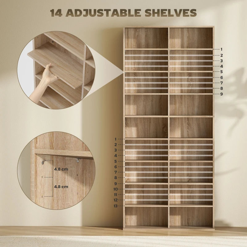 9-Tier DVD Shelf with 18 Compartments and 14 Adjustable Shelves, Holds 640 CDs, 360 DVDs or 430 Blu-rays, Natural Wood