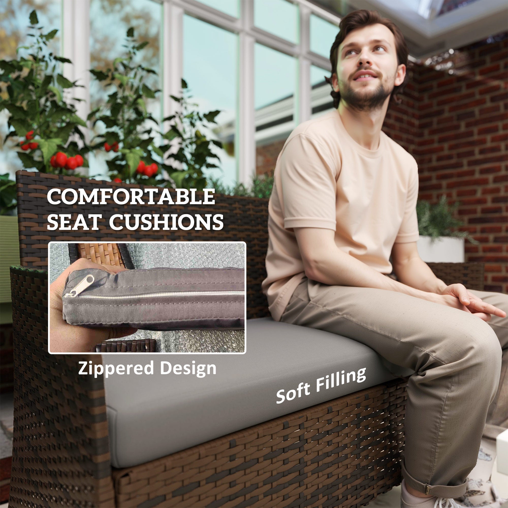Outsunny 4 Pieces Wicker Outdoor Balcony Furniture Set Rattan Patio Furniture Set with Loveseat Chairs Glass Coffee Table Grey 