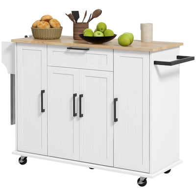 HOMCOM Modern Movable Meal Prep Station: Rolling Kitchen Island Cart, Drawers, Natural Wood Top, Towel Rack, Door Cabinet, White Finish 