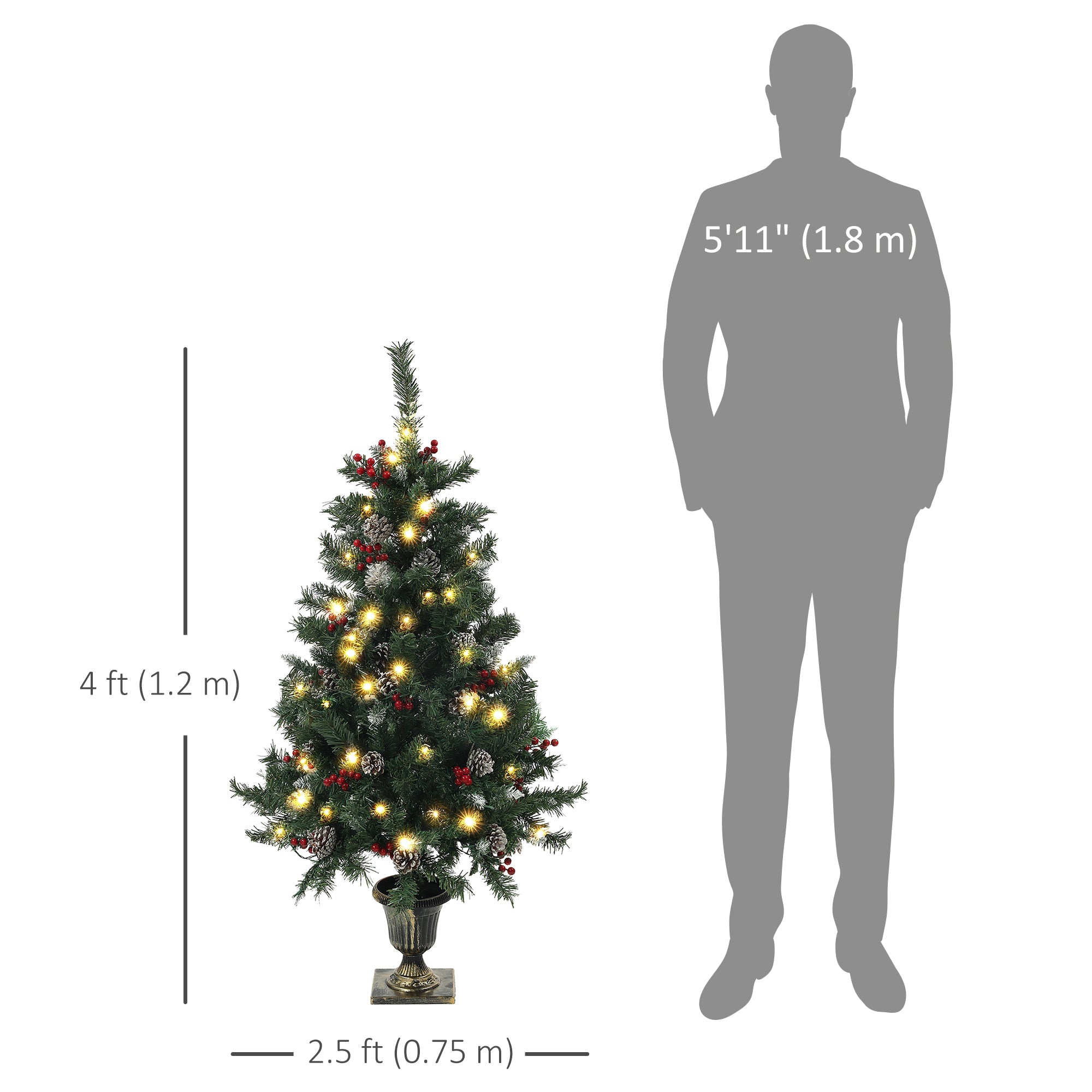 HOMCOM 4FT Pre-Lit Decorated Christmas Tree with Red Berries and Pine Cones Snow Flocked Christmas Tree with LED Lights Green 