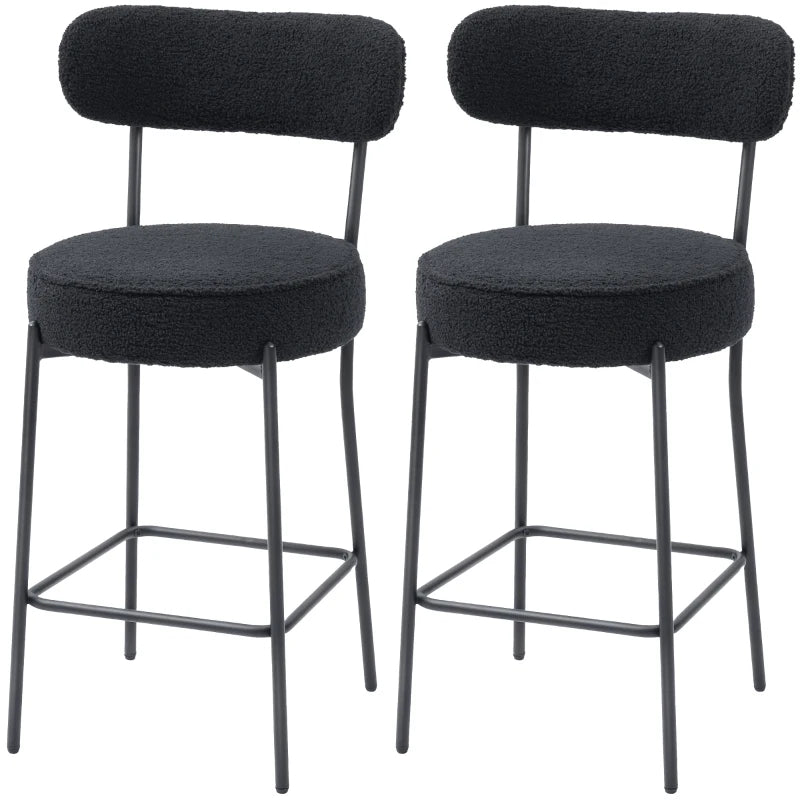 Set of 2 Barstools, Upholstered Bar Stools with Backrest, Footrest for Kitchen Island, Dining Room, Black