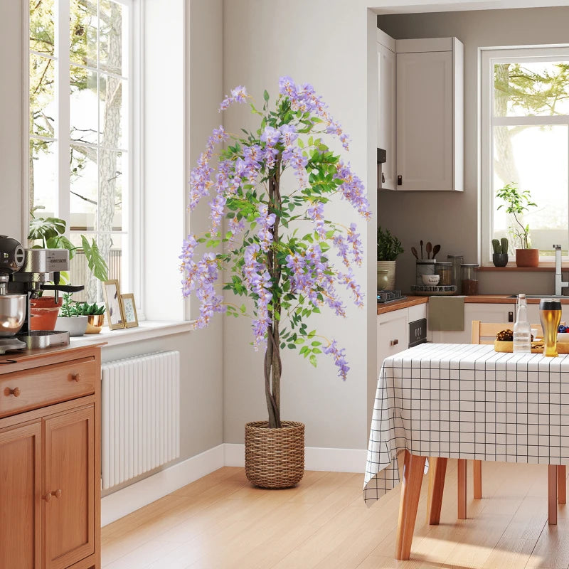 5.9FT Fake Wisteria Tree with Natural Wood Trunk, Artificial Plant in Nursery Pot, Greenery Tall Faux Floor Plant Purple