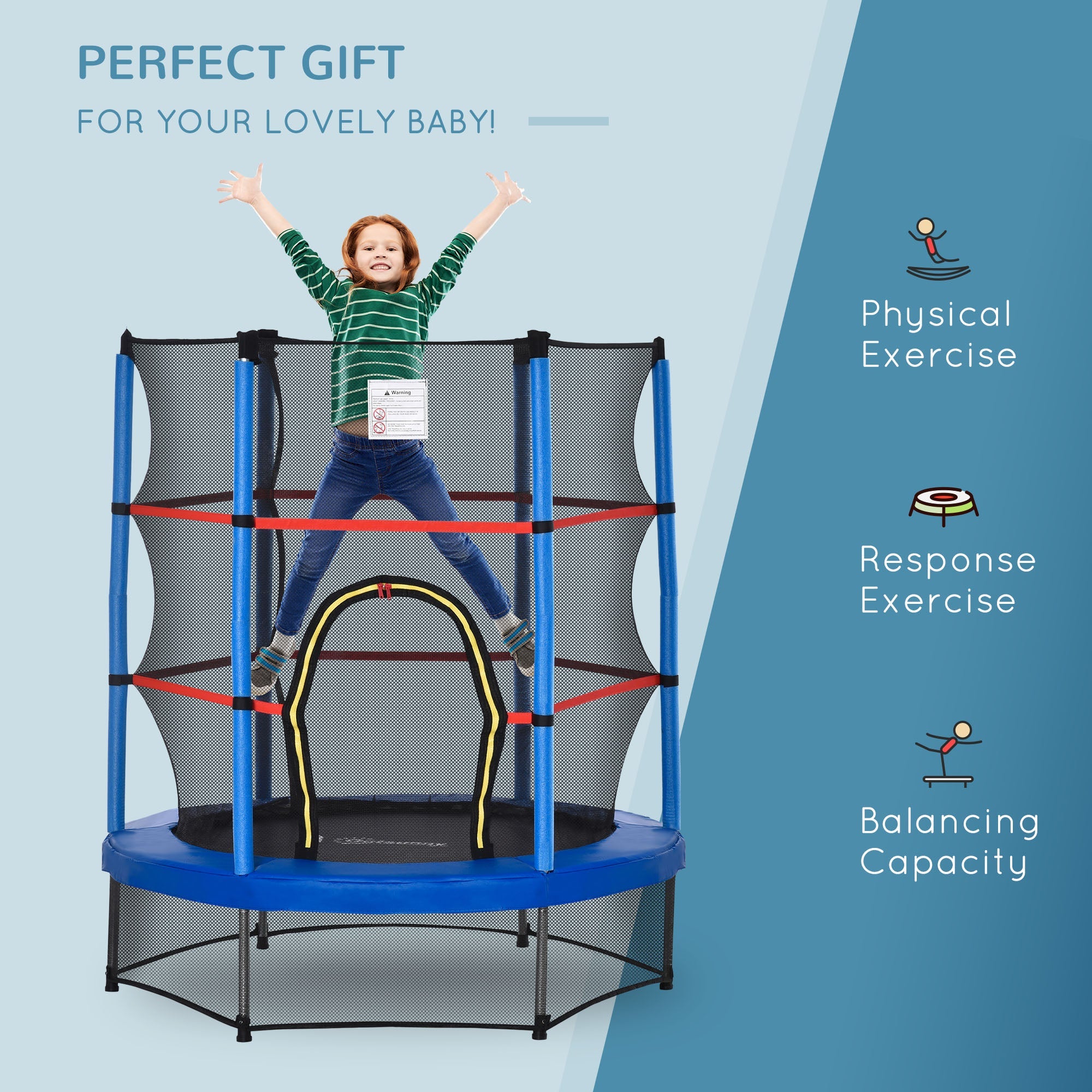 Outsunny 55" Kids Trampoline Enclosure Net Steel Frame Indoor Round Bouncer Rebounder 3-6 Years Blue Toy 