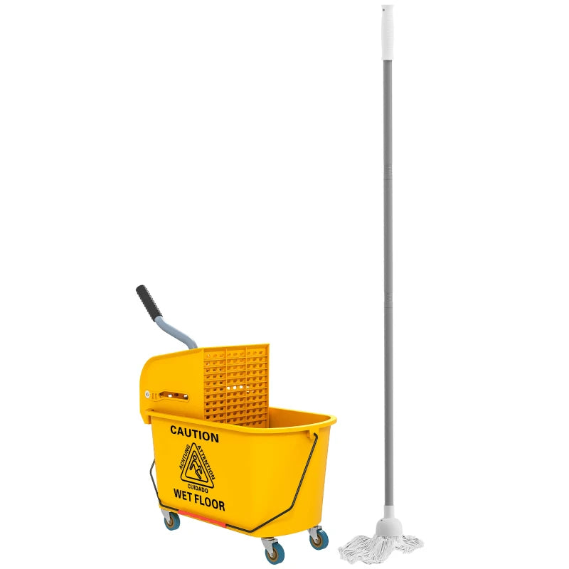 Mop Bucket with Wringer on Wheels for Floor Cleaning, 21 Quart Side Press Wringer with Handle and Mop, Yellow