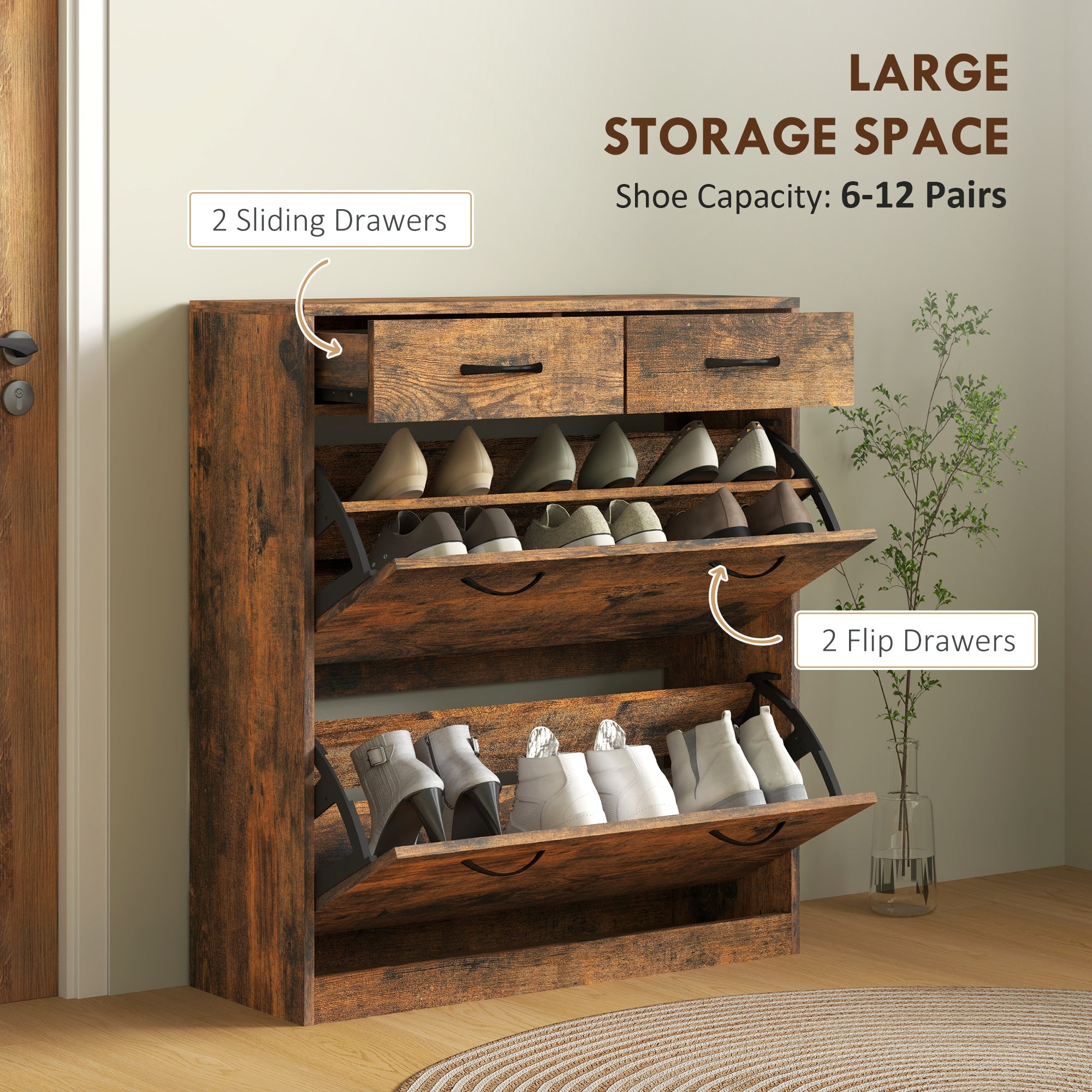 HOMCOM Narrow Shoe Storage with 2 Flip Drawers and Adjustable Shelves Shoe Organizer Cabinet for 12 Pairs of Shoes, Brown 