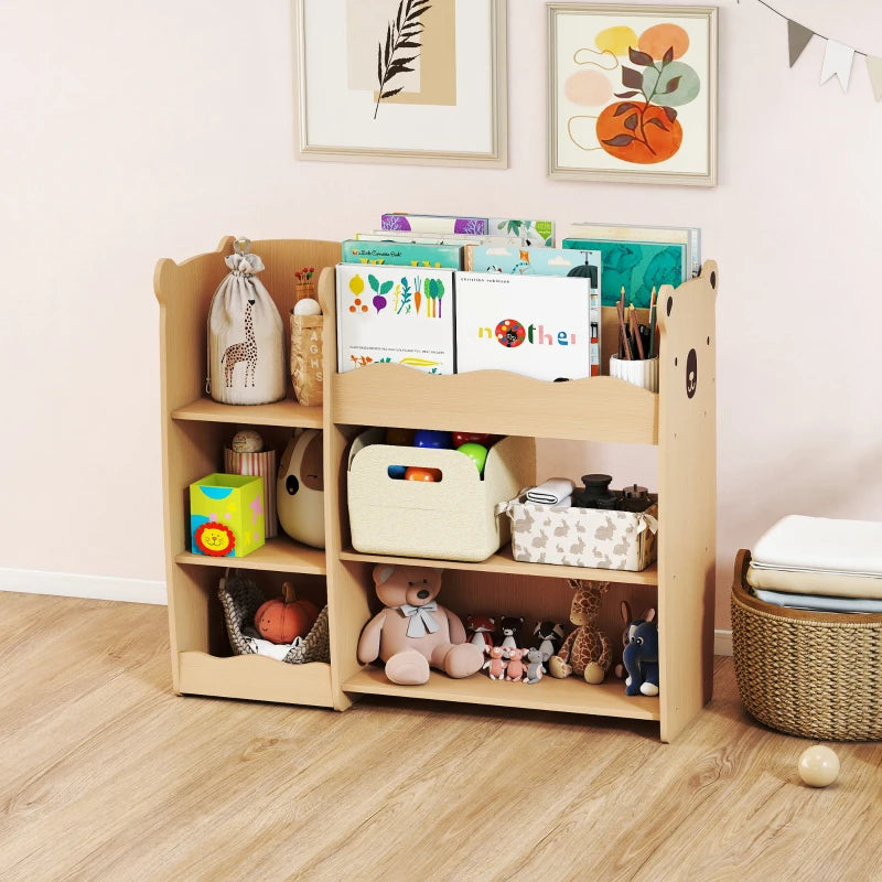 Qaba Kids Bookshelf and Toy Storage Organizer, 3 Tier Montessori Toy Organizer with Open Display for Nursery, Natural