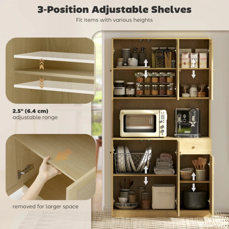 Kitchen Hutch with Microwave Countertop, 71" Boho Kitchen Pantry Cabinet with Decorative Rattan Doors, Natural