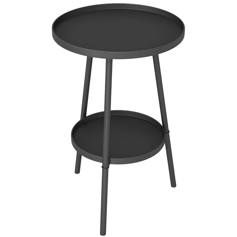Round Garden Table, 2-Tier Small Side Table, Metal Patio Table Coffee Table Dining Table, Black
