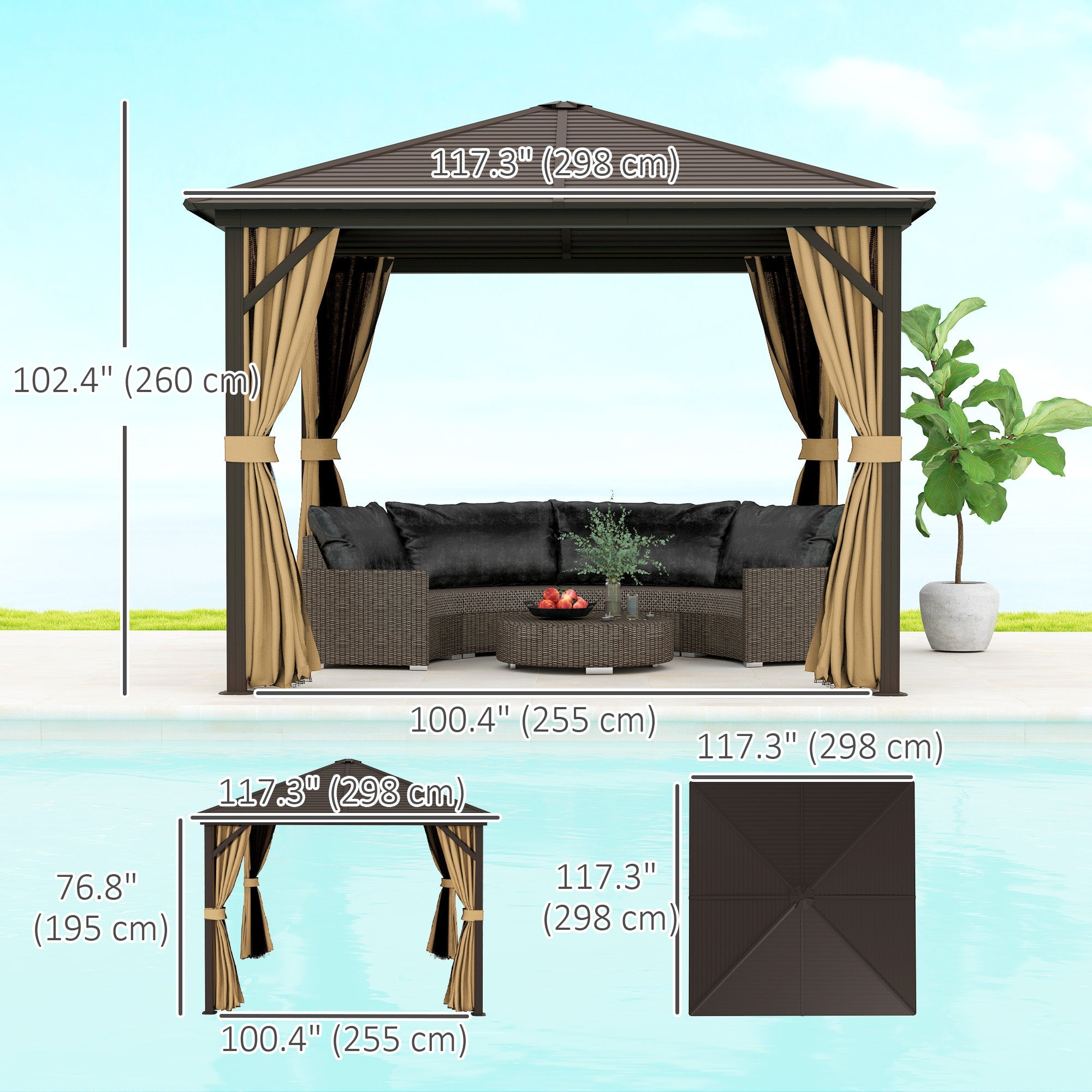 Outsunny 10' x 10' Hardtop Gazebo Outdoor Aluminum Gazebo Canopy with Mosquito Netting, Curtains, Hanging Hook, Brown 