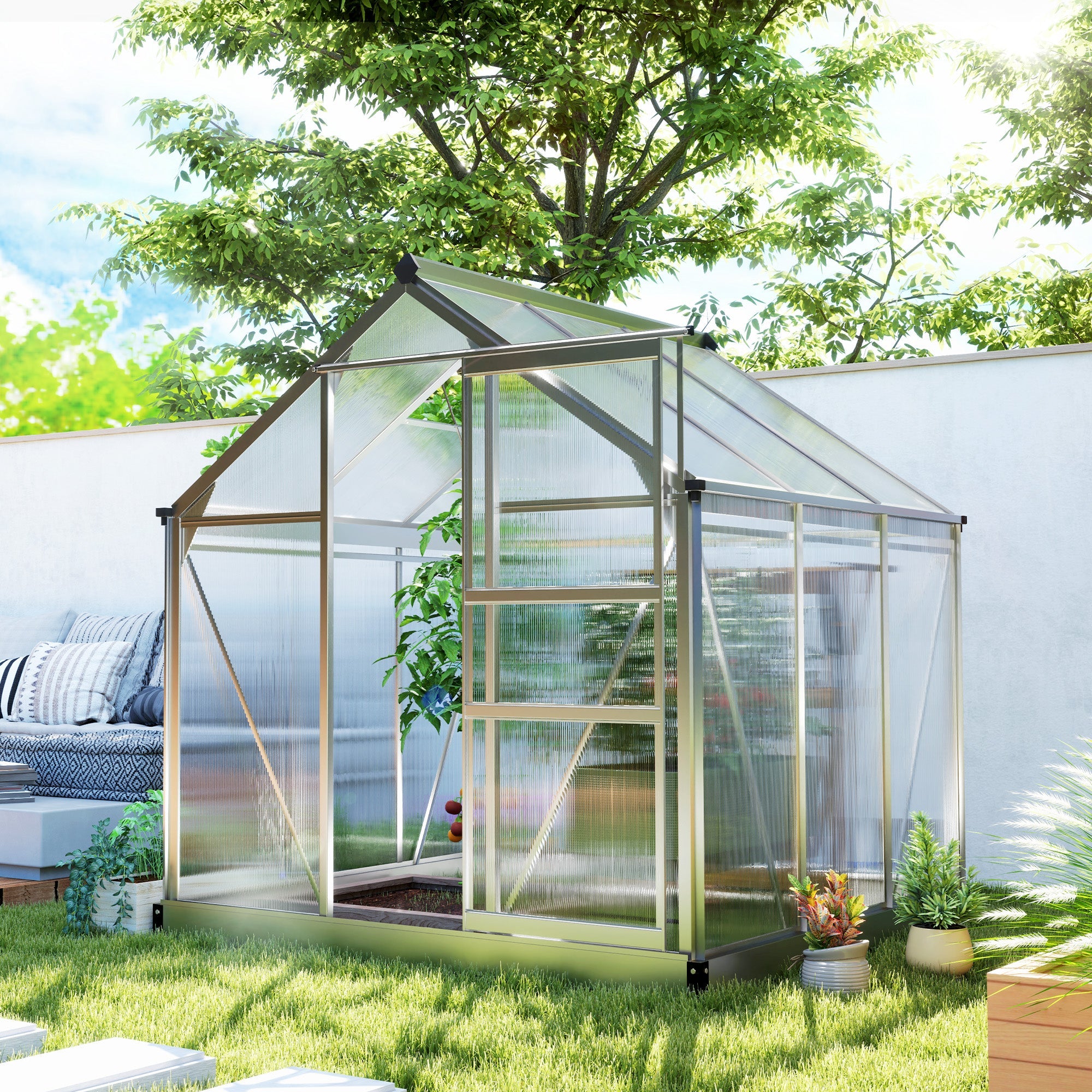 Outsunny 6' x 6' x 6.6' Polycarbonate Greenhouse, Walk-In Green House Kit Garden, Plants Grow, Galvanized Sheet Aluminum Frame with Rain Gutter, Vent and Sliding Door, Silver 