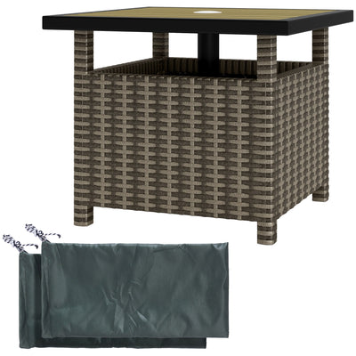 Outsunny 22" Square Steel PE Rattan Wicker Table With Umbrella Hole, Outdoor Patio Accent Dining Side Table Used as Umbrella Stand, Mixed-Grey 
