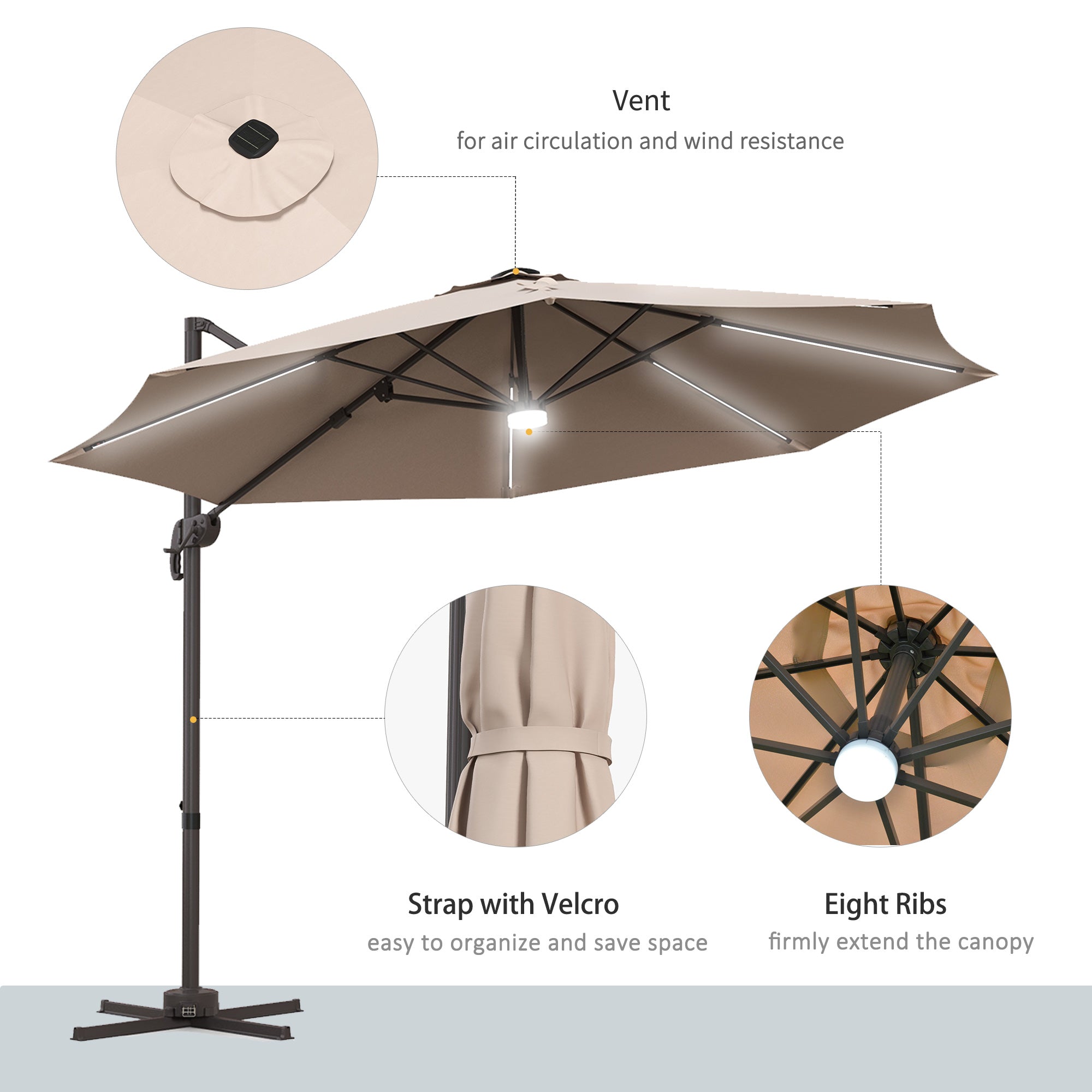 Outsunny 10ft Offset LED Patio Umbrella: Cantilever Parasol with 360° Rotation, Cross Base for Outdoor Deck & Beach, Khaki 