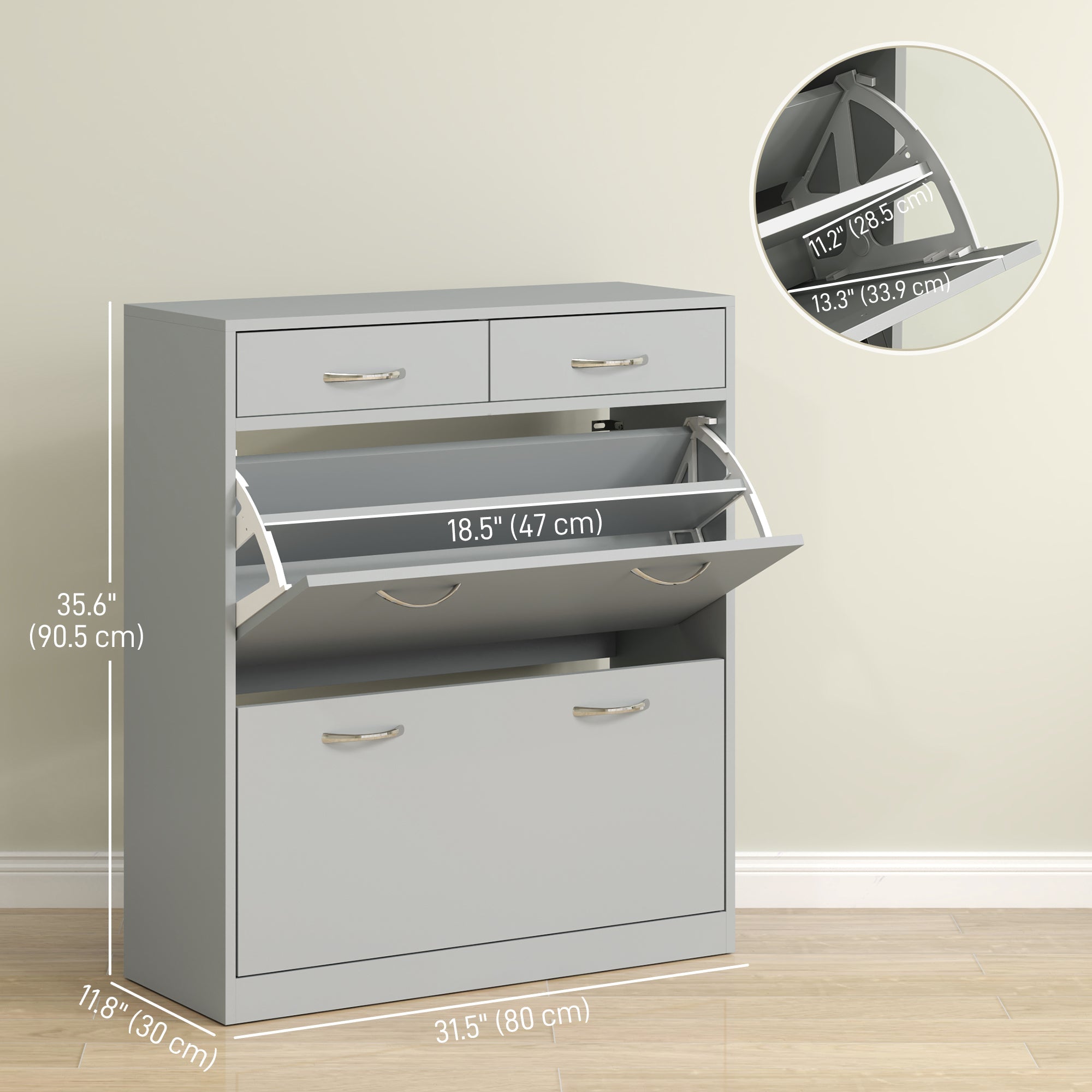 HOMCOM Narrow Shoe Storage with 2 Flip Drawers and Adjustable Shelves Shoe Organizer Cabinet for 12 Pairs of Shoes, Grey 