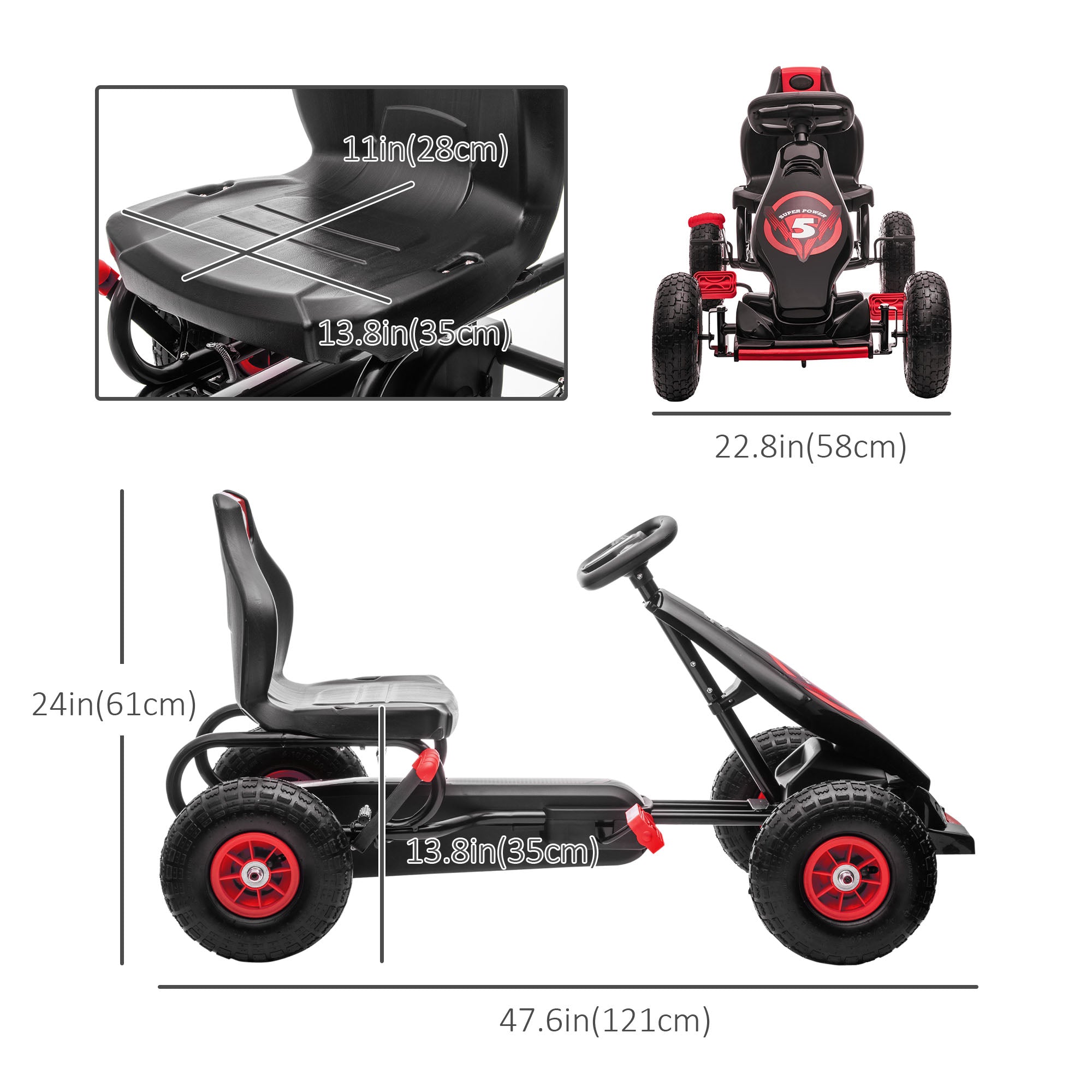 Aosom Kids Pedal Go Kart Ergonomic Adjustable Seat Rubber Wheels Shock Absorb Safety Hand Brake Ages 5-12 Red 