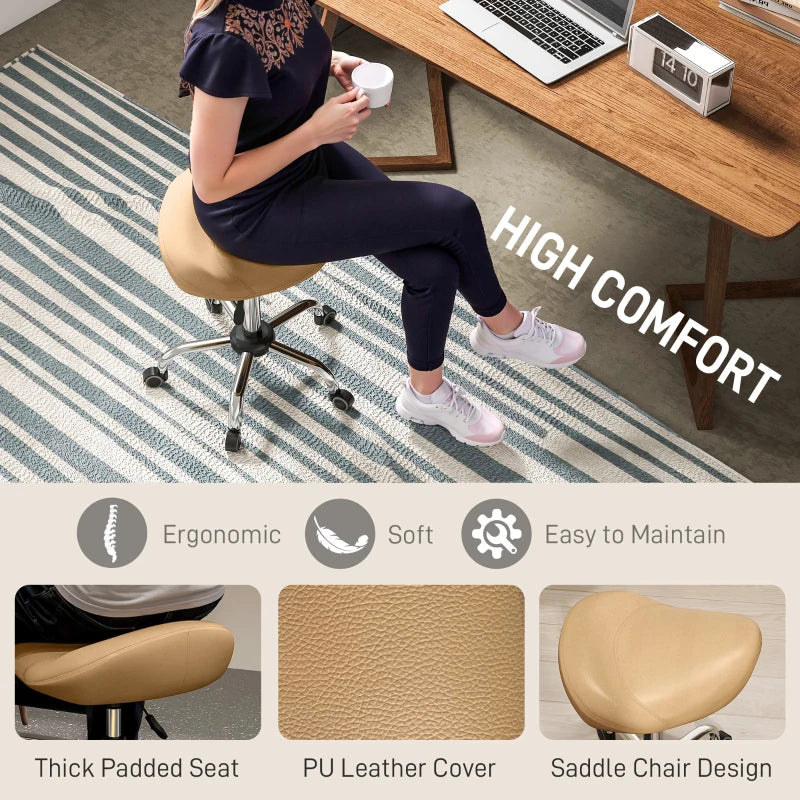 Saddle Stool, Height Adjustable Rolling Salon Chair with PU Leather for Massage, Spa, Clinic, Beauty and Tattoo, Brown