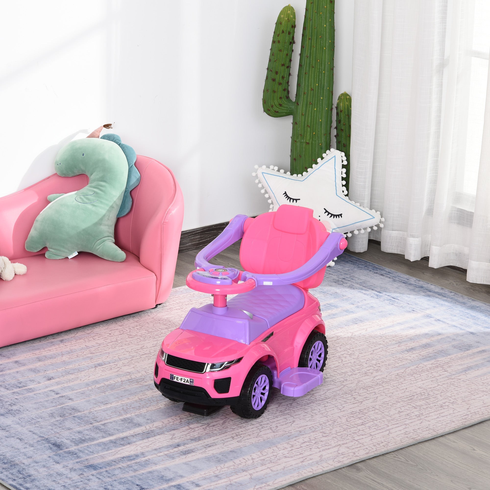 Aosom 3 In 1 Kid Ride on Push Car Stroller Sliding Walking Car with Horn Music Light Function Secure Bar for 1-3 Years Old Pink 