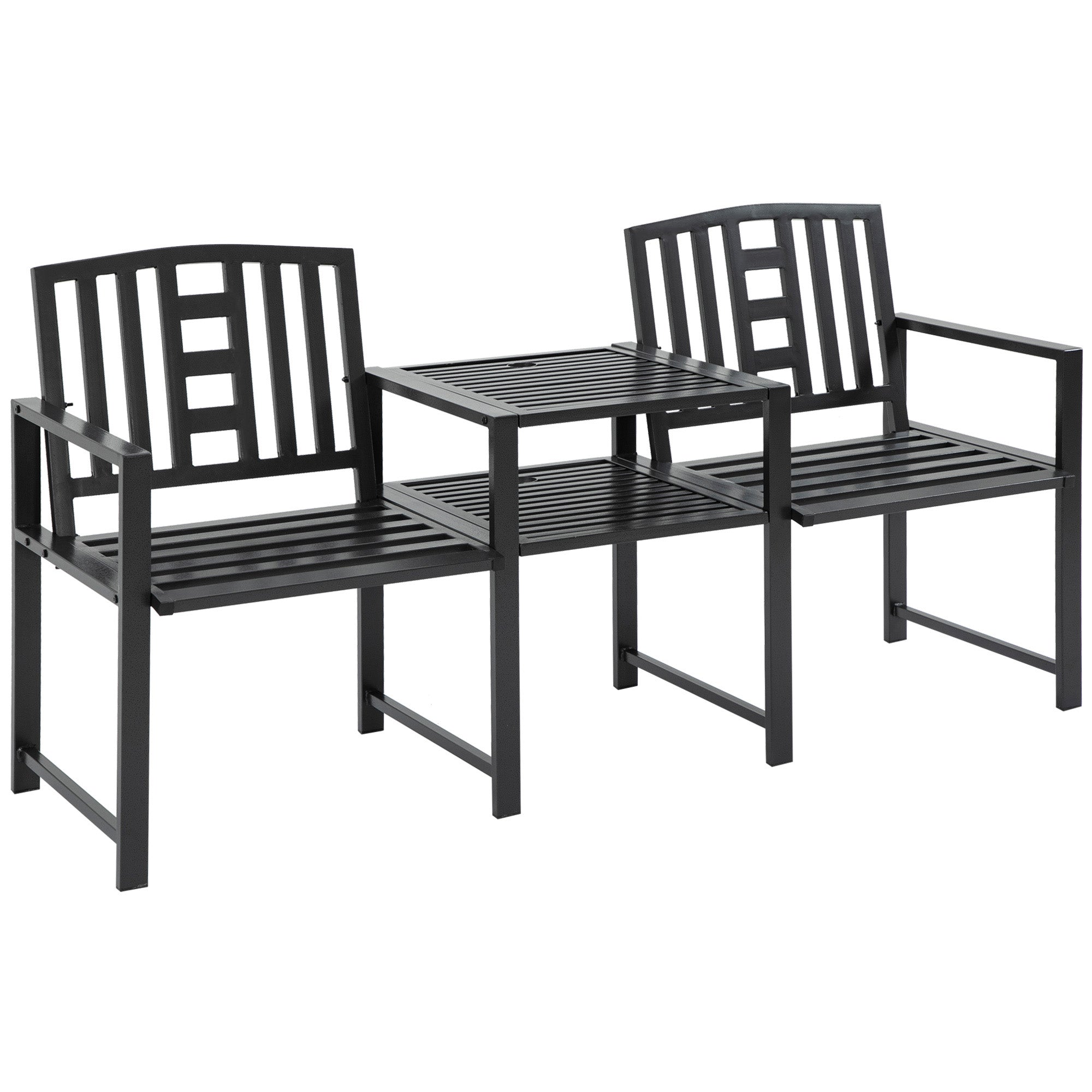 Outsunny Steel Garden Bench with Middle Table & Umbrella Hole, Double Seat, Weather-Resistant Frame for Outdoor, Patio, Black 