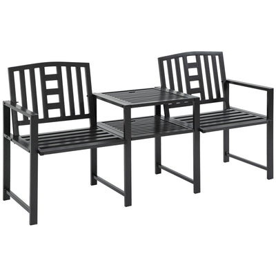 Outsunny Steel Garden Bench with Middle Table & Umbrella Hole, Double Seat, Weather-Resistant Frame for Outdoor, Patio, Black 