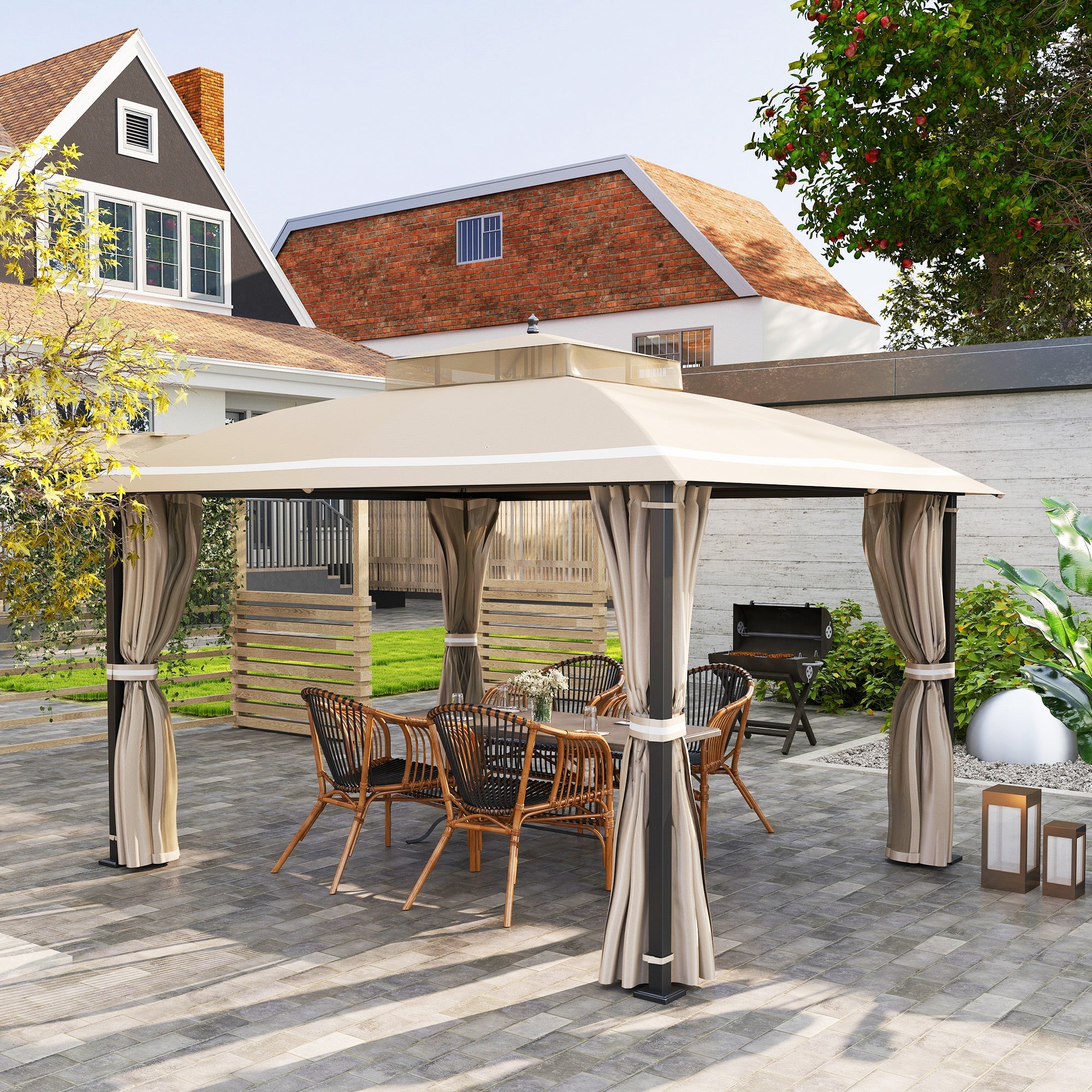 Outsunny 10' x 12' Outdoor Gazebo, Double Roof Patio Gazebo Canopy with Netting and Curtains for Garden, Lawn, Backyard, Deck 