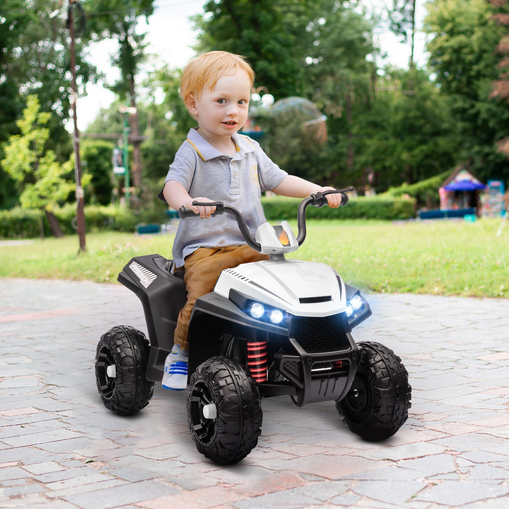 Qaba 12V Kids ATV with Four Wheels Spring Suspension, Forward & Backward, LED Light, MP3, Music, White 
