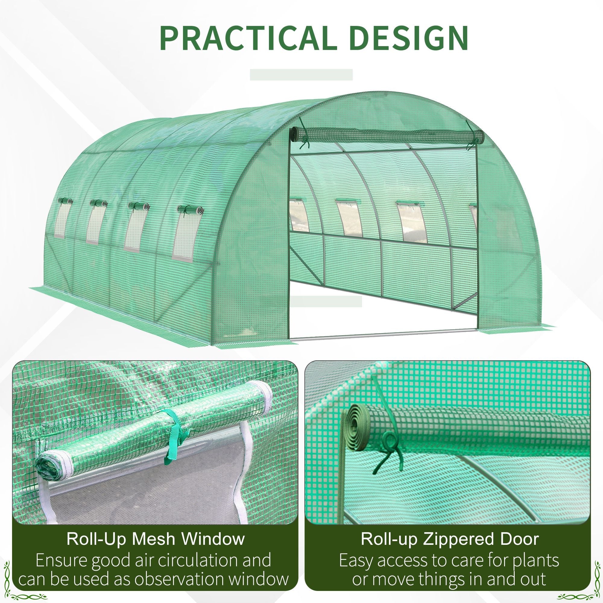Outsunny Walk-in Tunnel Greenhouse, 19 x 10 x 6.6 ft Hoop House with Zipped Roll-Up Door and 8 Mesh Windows, Outdoor Greenhouse with Galvanised Steel Frame, Green 