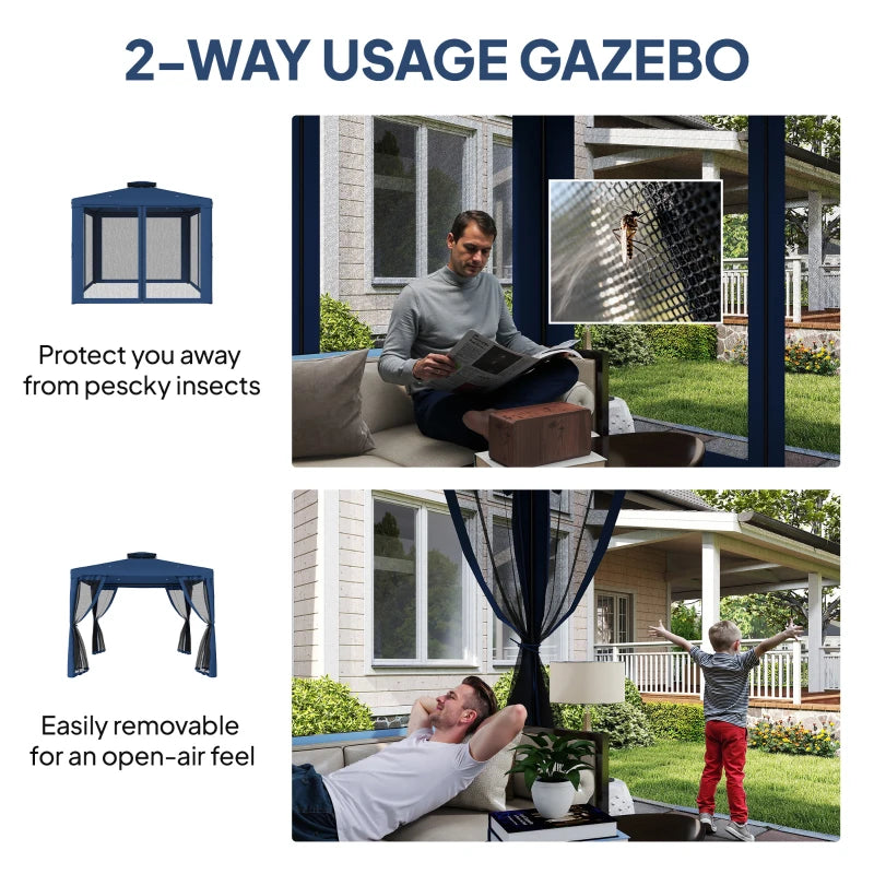 9.6' x 9.6' Patio Gazebo Outdoor Pavilion 2 Tire Roof Canopy Shelter Garden, Steel Frame w/ Mosquito Netting, Dark Blue