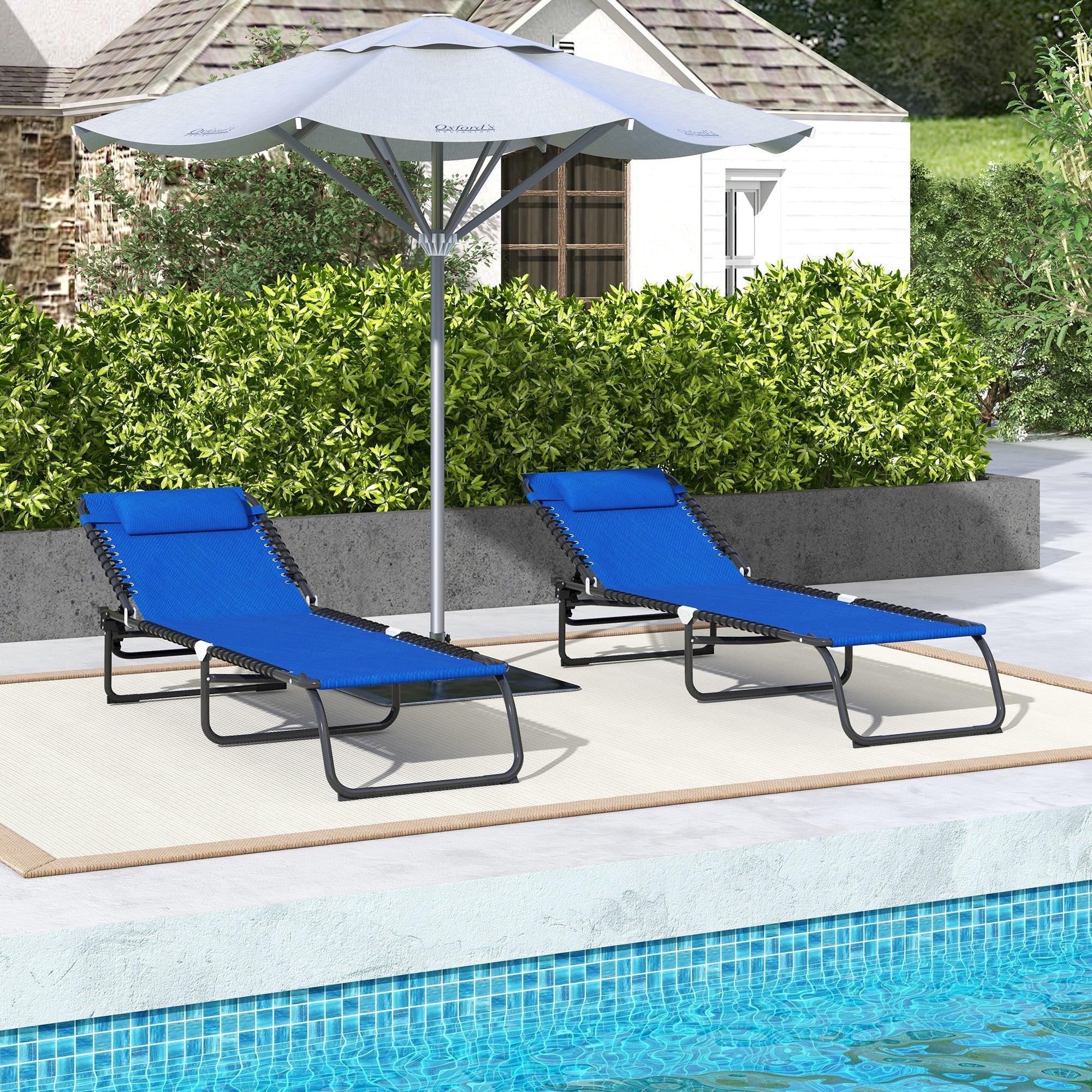 Outsunny 2 PCs Folding Lounge Chairs, Adjustable Chaise Lounge with Headrest, Reclining Lounger Cot for Camping, Hiking, Blue 