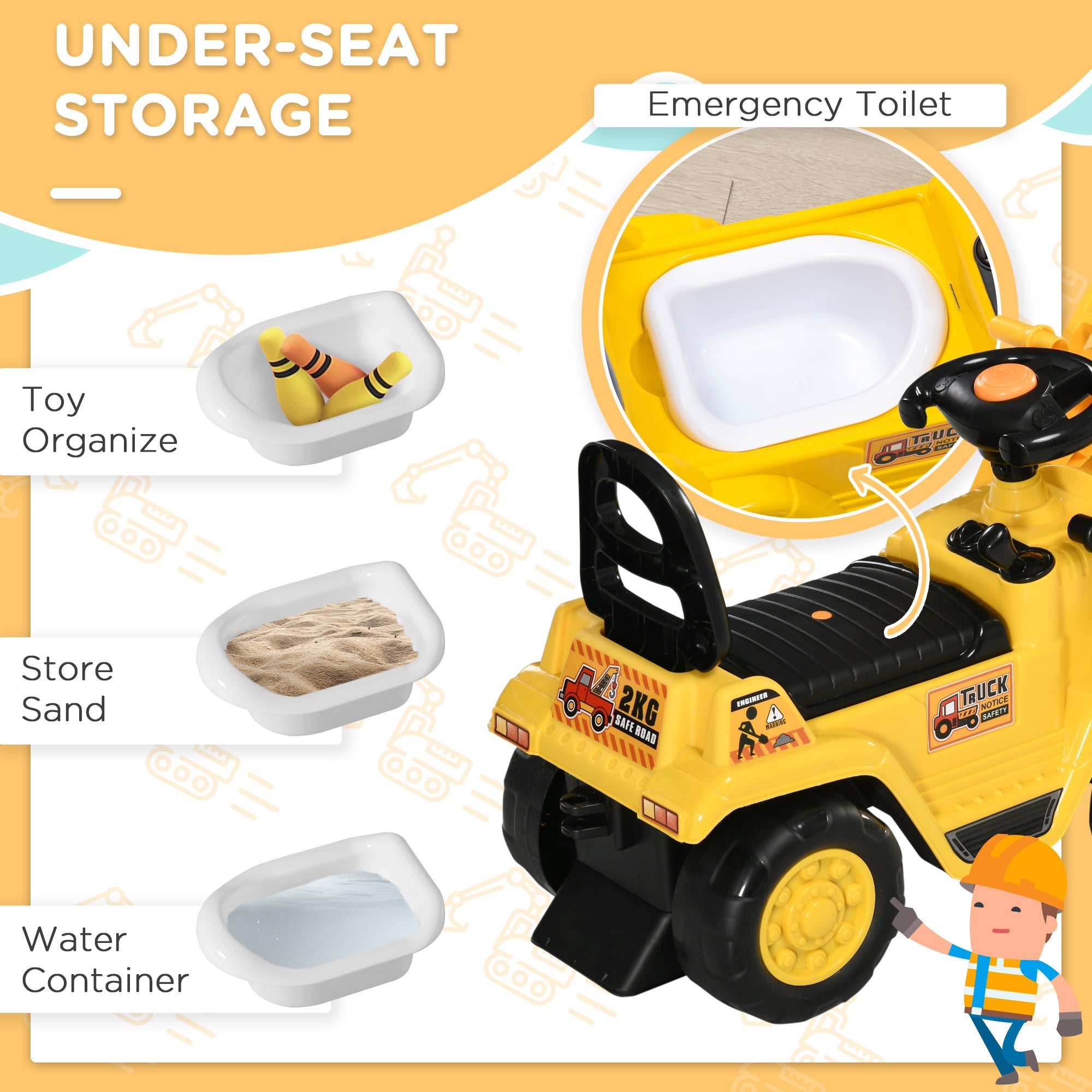 Aosom Ride On Excavator Toy No Power Digger Realistic Sound Grabber Under Seat Storage for 3-4 Years Old 