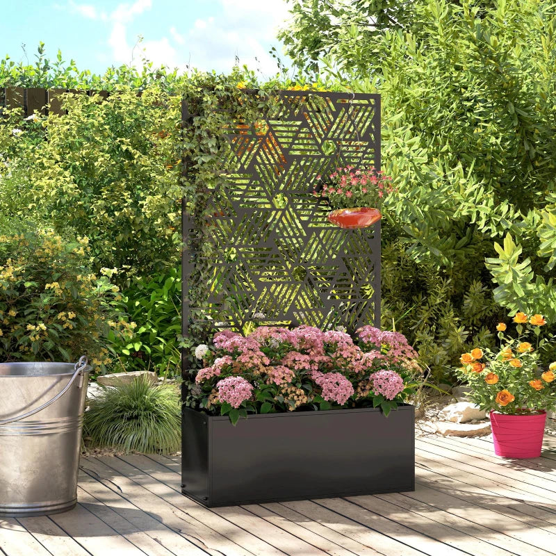 Metal Planter Box with Trellis, 44.5" Tall Raised Garden Bed with Privacy Screen, Hexagon and Line Cut-Out