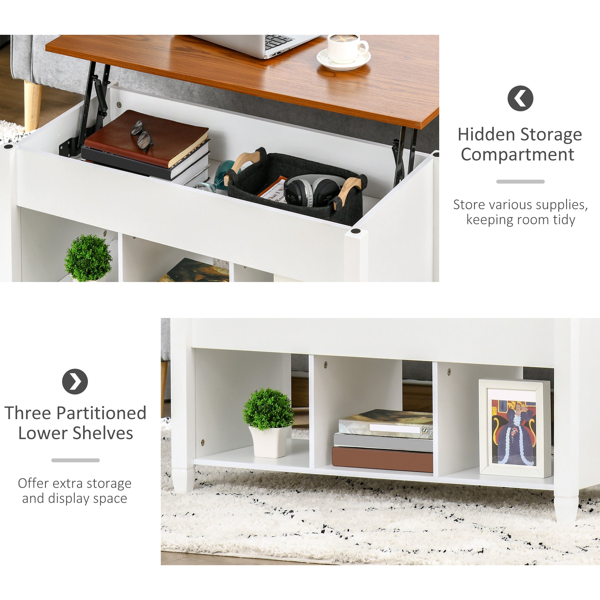 HOMCOM White & Brown Lift Top Coffee Table: Pop-Up Center Table with Hidden Storage, 3 Lower Shelves for Living Room 