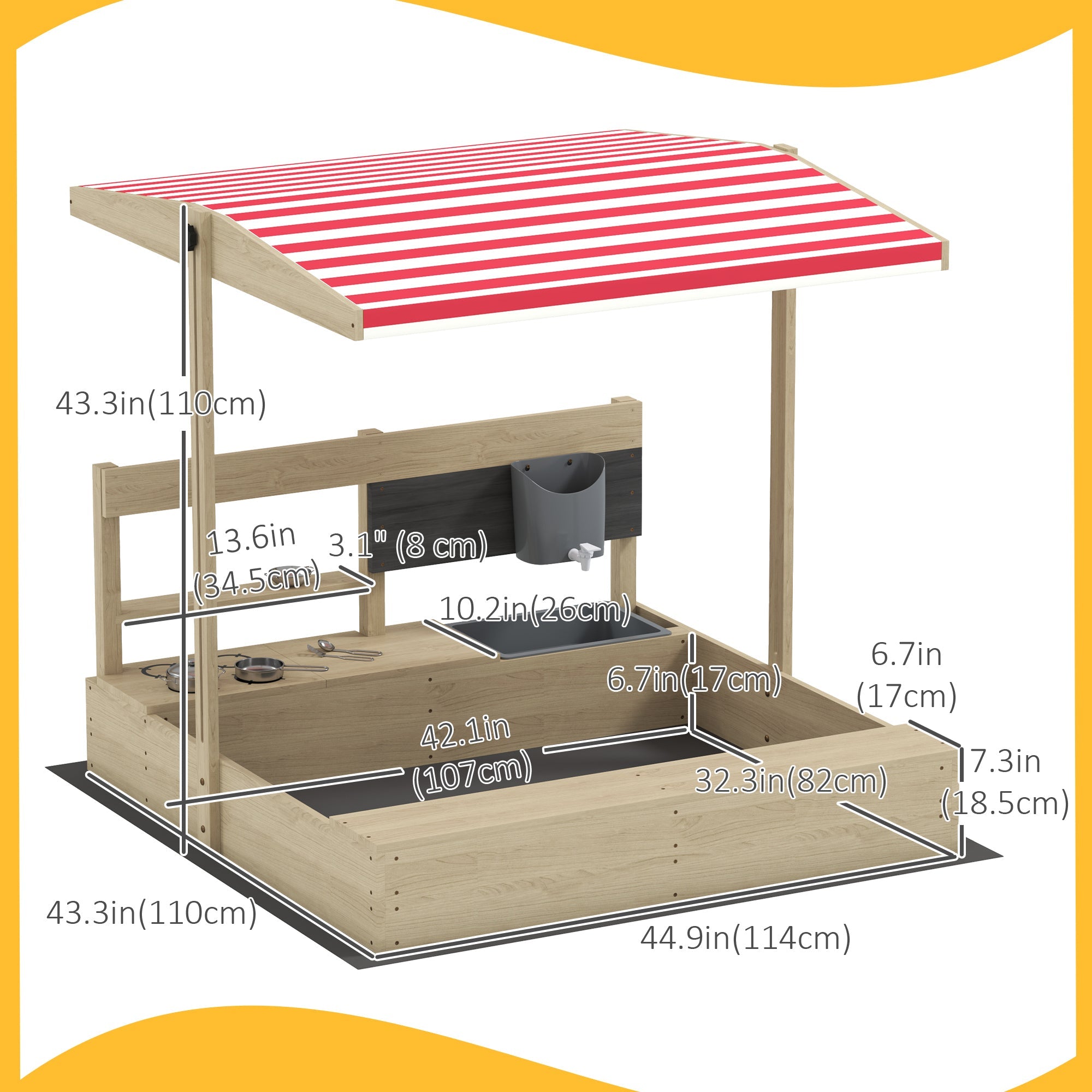 Outsunny Kids Sandbox with Cover Kitchen Playset Toys, Wooden Sand Box with Seat, Storage, for 3-7 Years Old, Natural Wood 