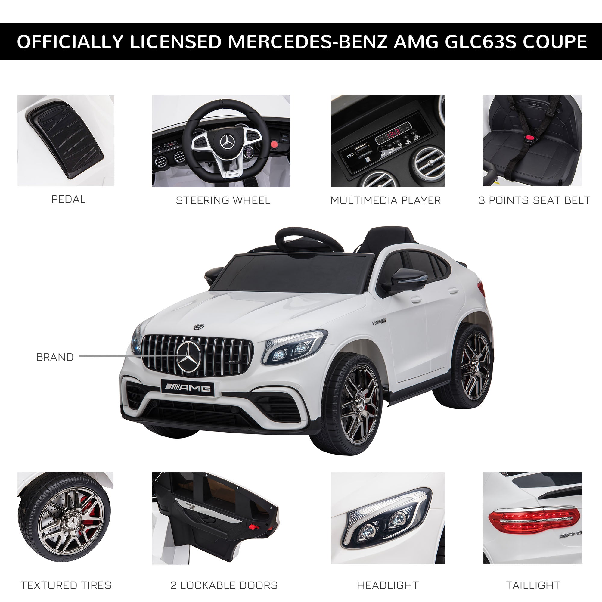 Aosom Licensed 12V Kids Electric Ride-On Car Toy with Remote Control Suspension Wheel Perfect Gift White 