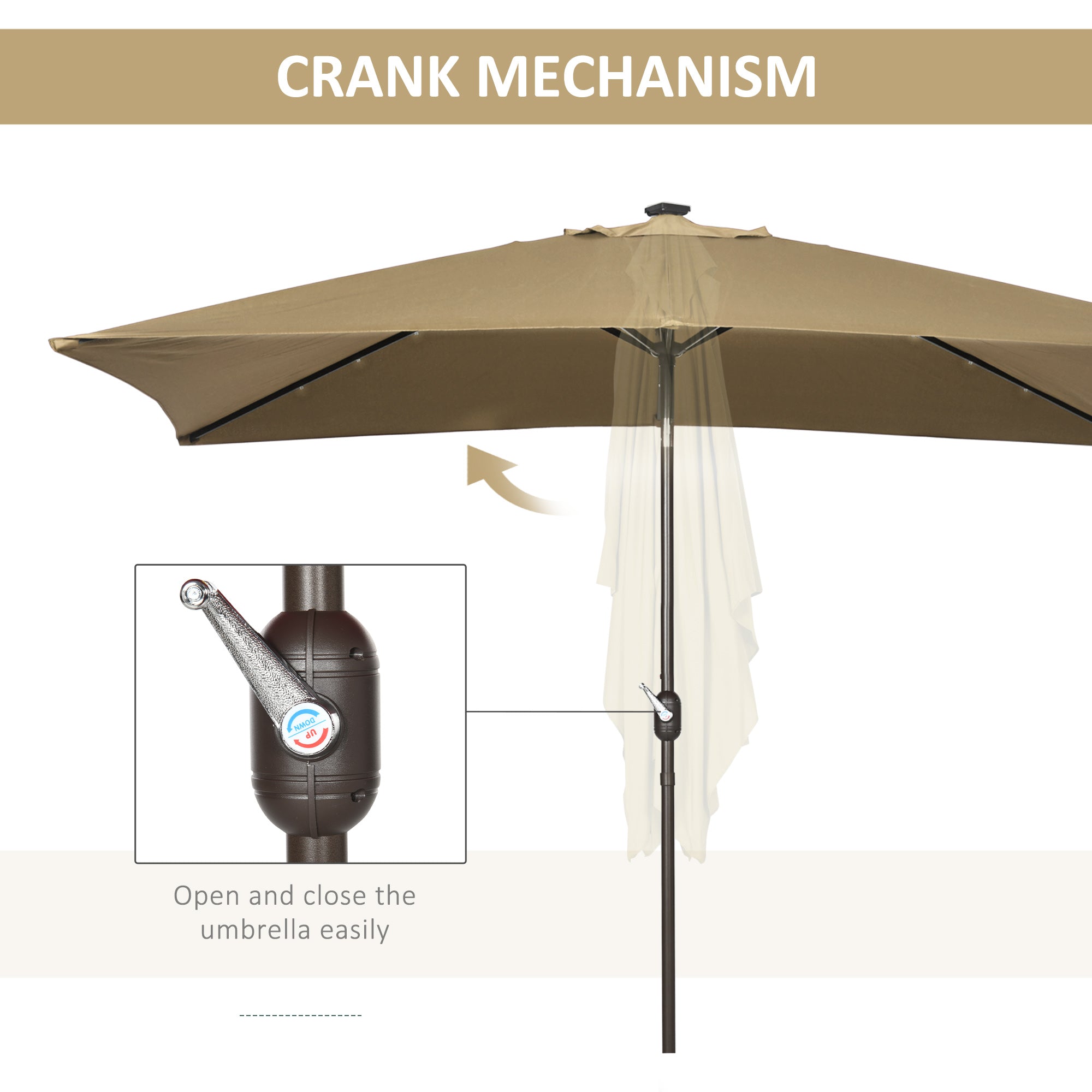 Outsunny Patio Umbrella 6.5x10ft Rectangle Solar LED Outdoor Parasol Aluminum Tilt Market Umbrella Light Coffee 