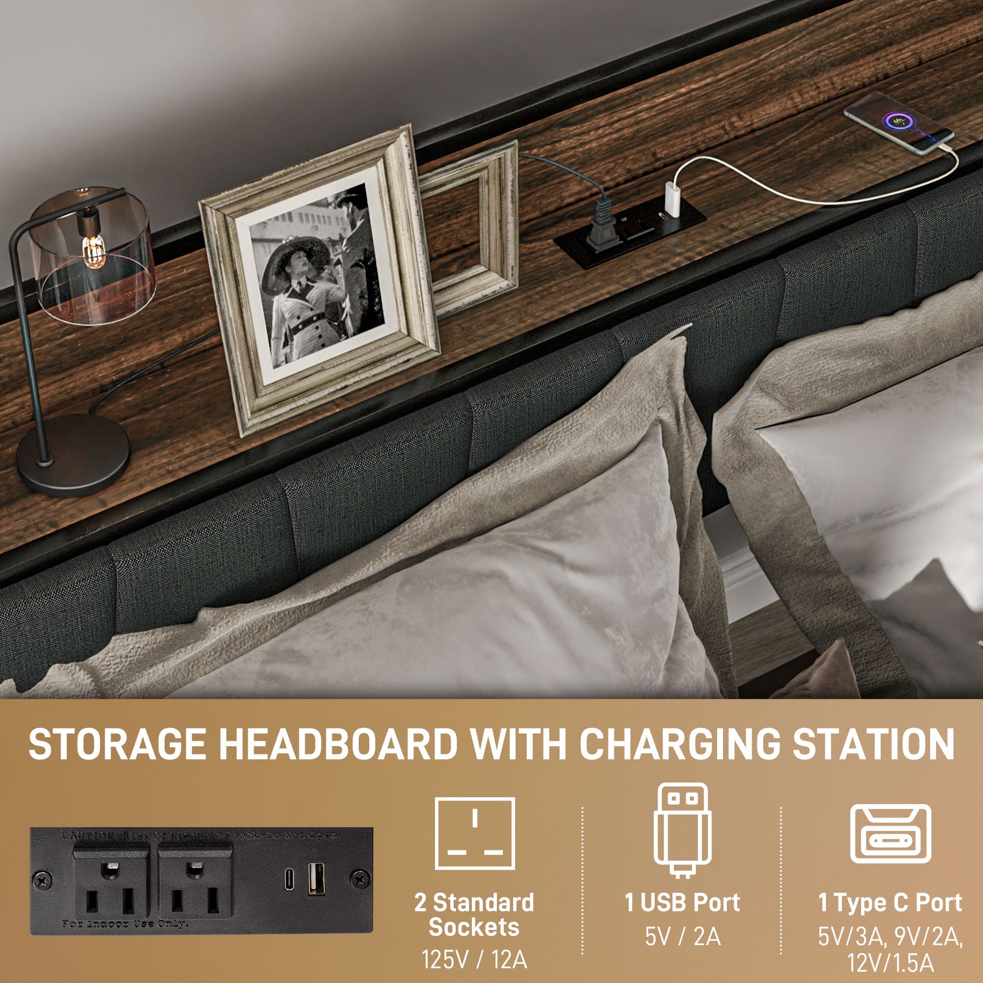 HOMCOM Full Size Bed Frame with Charging Station, Full Bed Frame with Upholstered Headboard and Storage Shelf, Walnut 