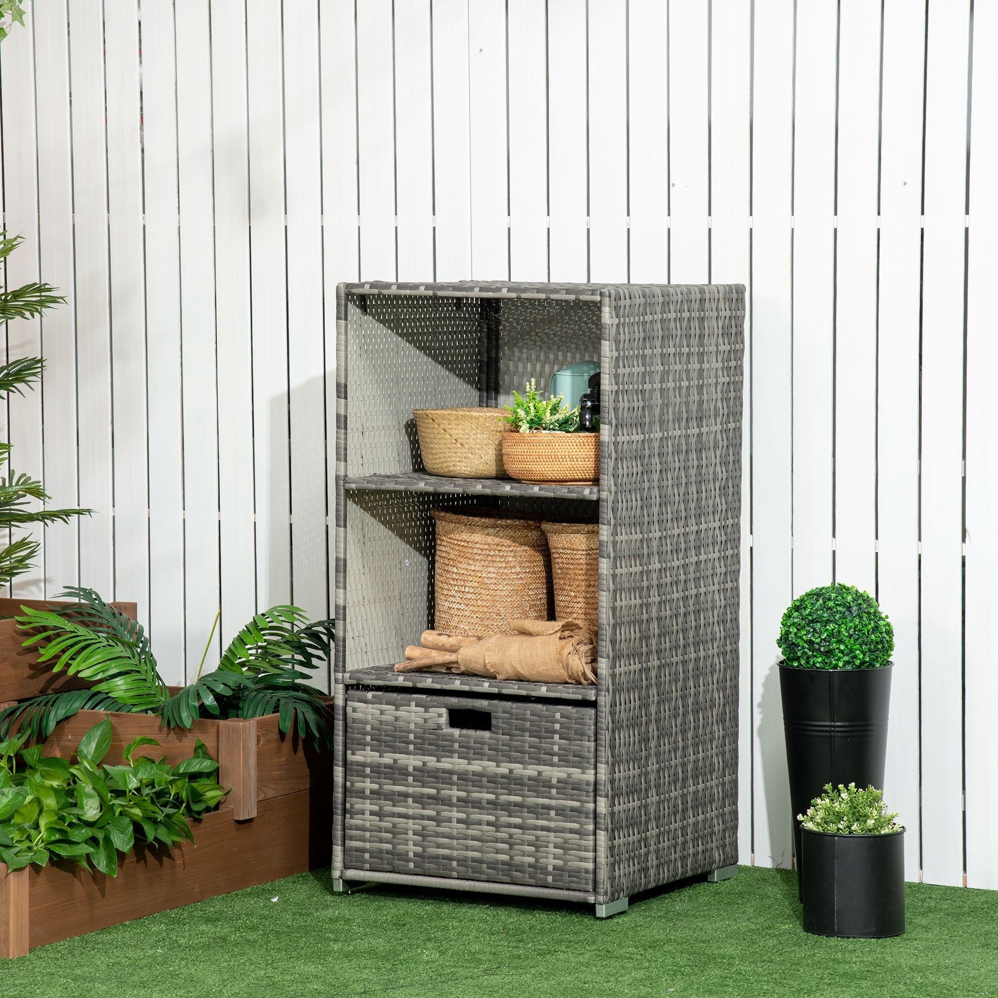 Outsunny Outdoor Storage Cabinet, Patio Storage Box Rack Rattan Wicker w/ 2 Shelf 1 Drawer Garden, Mixed Grey 