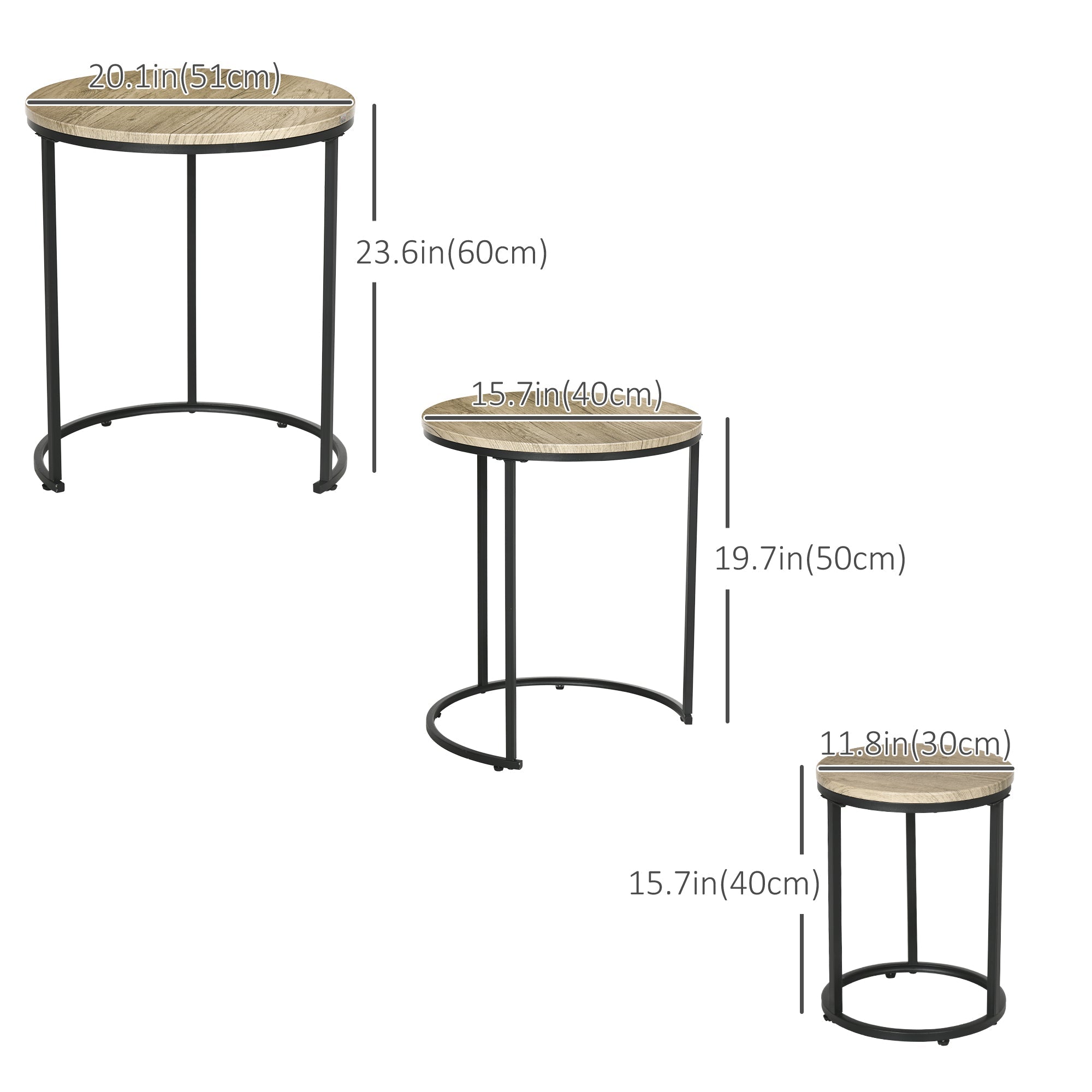 HOMCOM Modish Stacking Tables: Set of 3 Modern Nesting End Tables with Woodgrain Steel Frame for Living Room, Natural Wood 