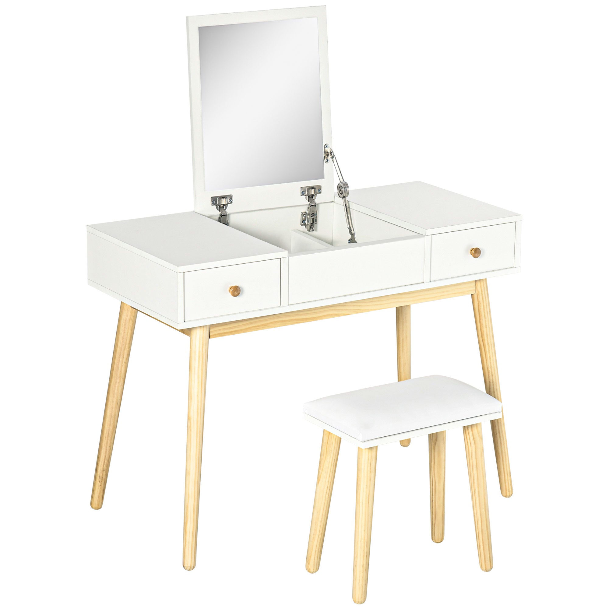 Homcom White Makeup Vanity Dressing Table Mirror With Set Cushioned Stool Makeup Vanity Dressing Desk With 2 Drawers And Storage 