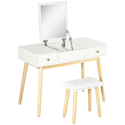 Homcom White Makeup Vanity Dressing Table Mirror With Set Cushioned Stool Makeup Vanity Dressing Desk With 2 Drawers And Storage 