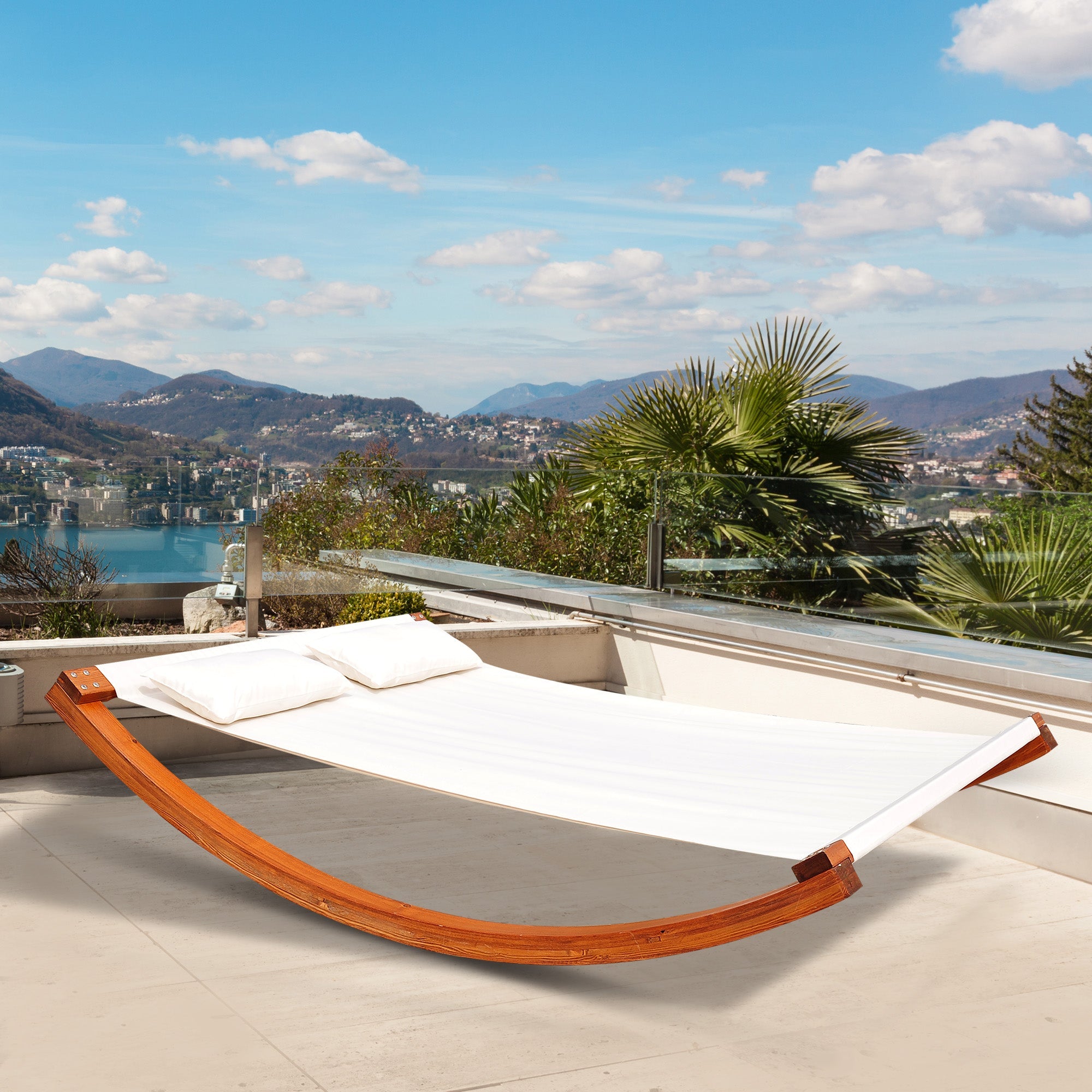 Outsunny Rocking Double Sun Lounger with Curved Wooden Stand for Patio & Yard - White Teak 