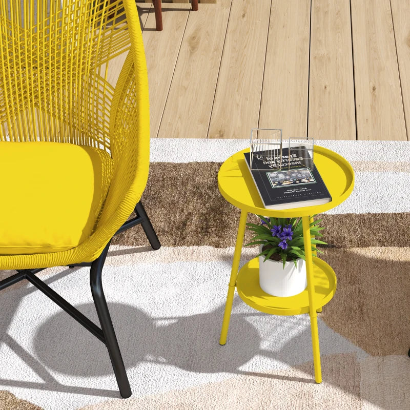 Round Garden Table, 2-Tier Small Side Table, Metal Patio Table Coffee Table Dining Table, Yellow