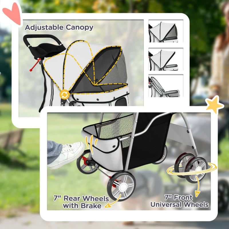 Pet Stroller for Dogs & Cats, Foldable Dog Stroller with Wheels, Reflective Strips, Brake, Pad and Basket, Grey