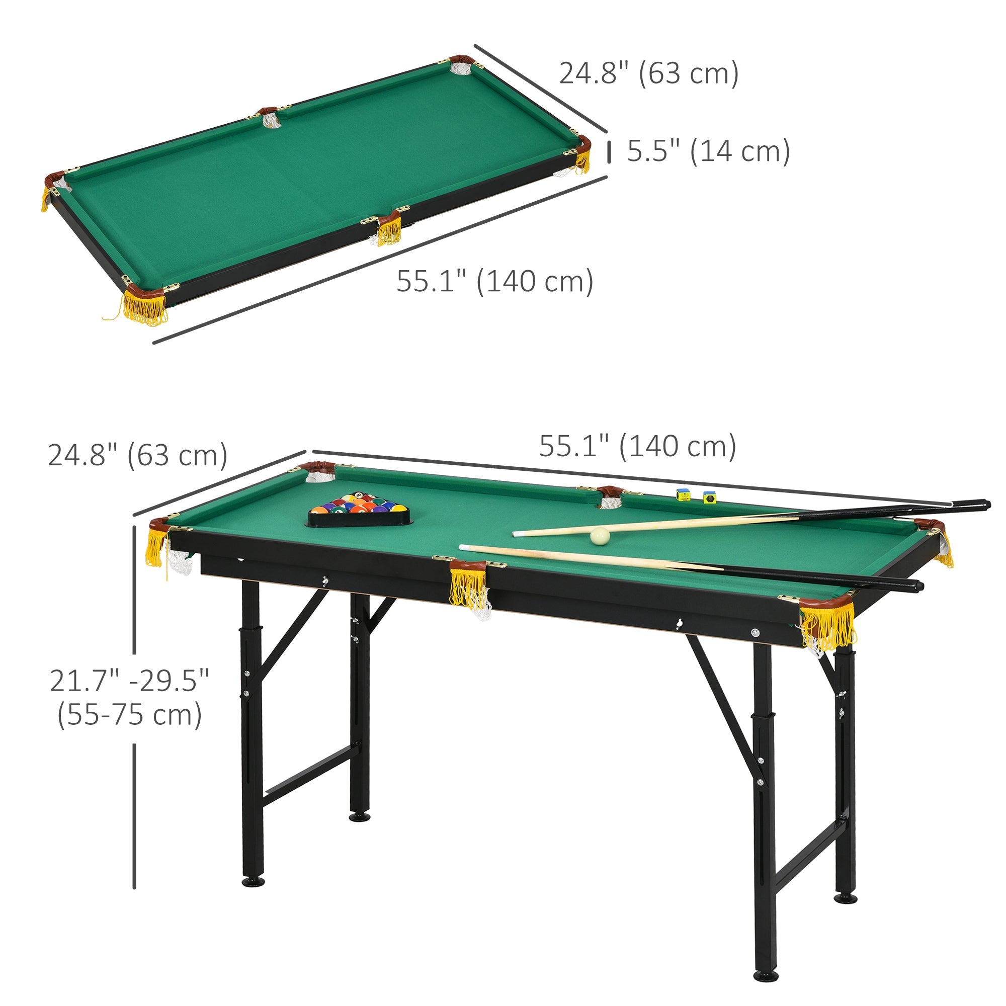 Soozier 55" Pool Table Set Folding Billiard Table with Adjustable Height, 2 Cues, 16 Balls, 2 Chalks, Triangle, Brush, Green 