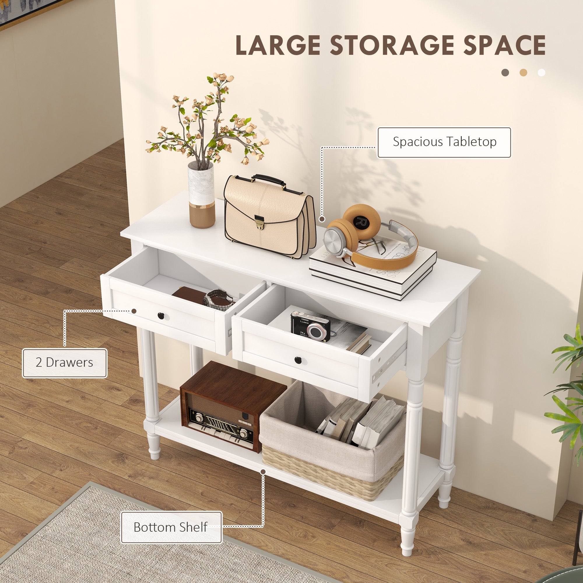 HOMCOM Hallway Console Table Modern Entryway 2 Drawers Storage Shelf Turned Legs Living Room Bedroom White 