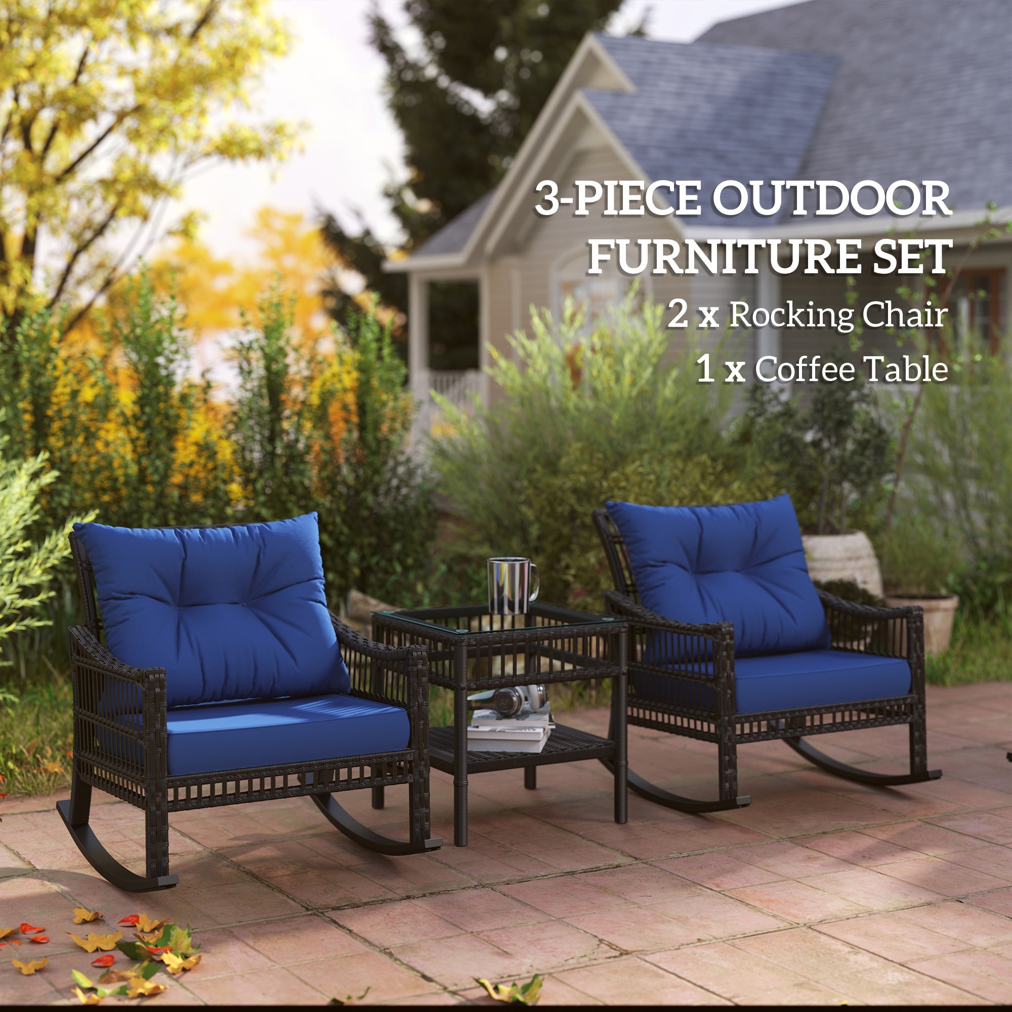 Outsunny 3 Pieces Outdoor PE Rattan Rocker Chair Set, Rocking Chair with Tempered Glass Table Top, 25"x26"x28", Dark Blue 
