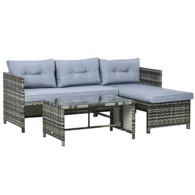 Outsunny Wicker Patio Retreat: 3PC Loveseat Chaise Lounge Set with Glass Table, Grey Cushions 