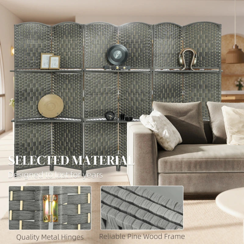 6 FT Privacy Screen, 6 Panel Room Divider with Shelves for Living Room Bedroom Home Office, Grey