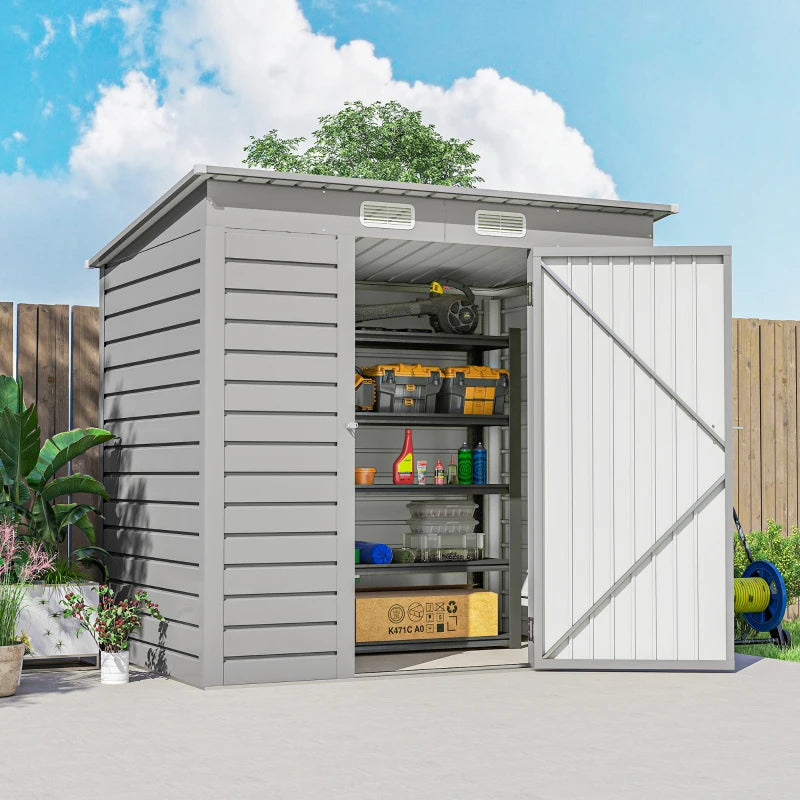 6 x 4FT Galvanized Garden Storage Shed, Metal Outdoor Shed with Double Doors and 2 Vents, Light Grey