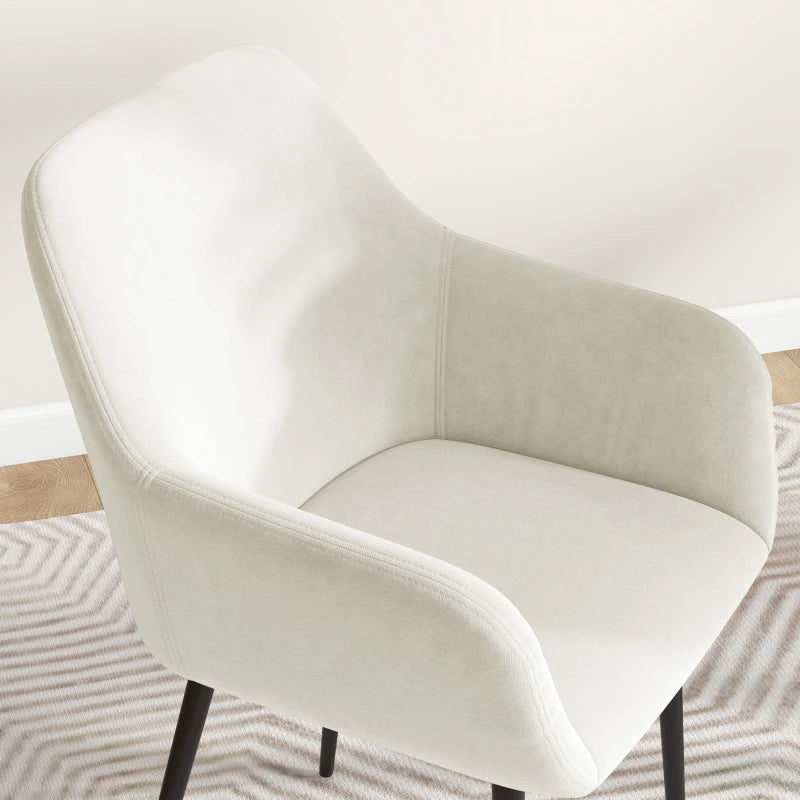 Dining Chairs Set of 2, Velvet-look Fabric Upholstered Kitchen Chairs with Backrest, Armrests and Steel Legs, Cream White