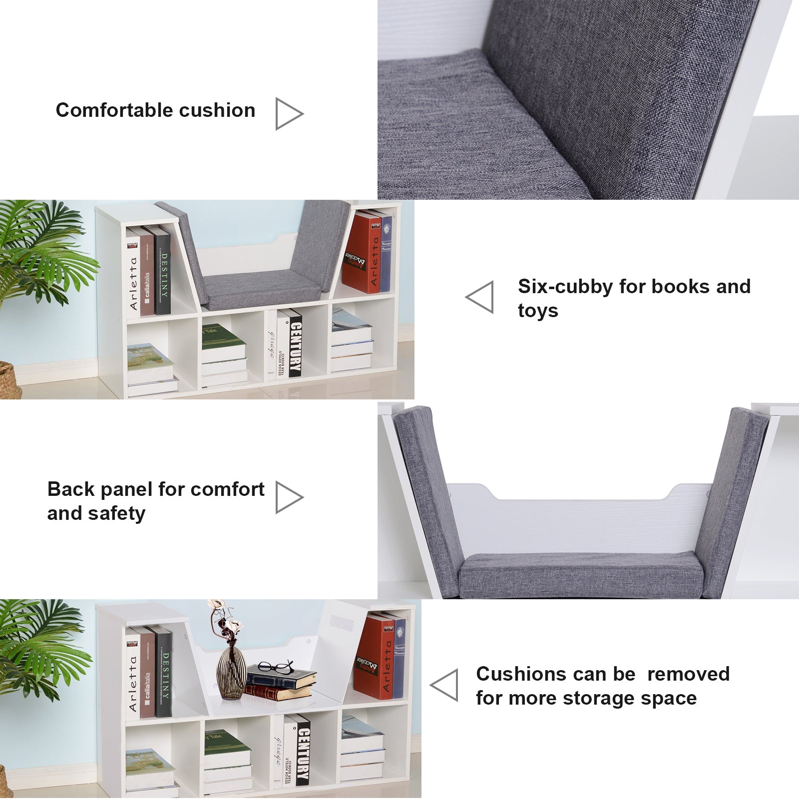 HOMCOM Kiddie Cubby Charm: 6-Cubby Bookcase with Cushioned Reading Nook, Storage Organizer Cabinet Shelf in White & Grey 
